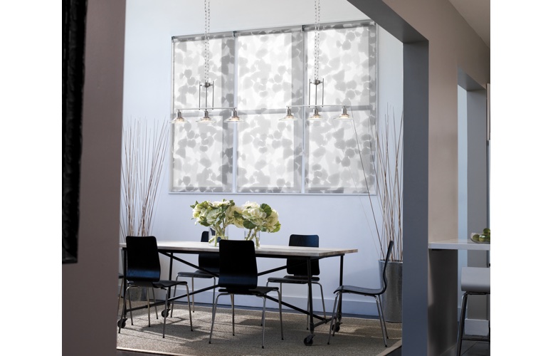 Patterned roller shades in a contemporary room